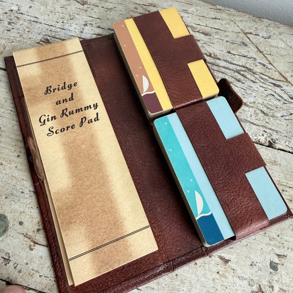 Vintage Embossed Leather Travel Card Set Bridge Gin Rummy Score Pad 2 Decks